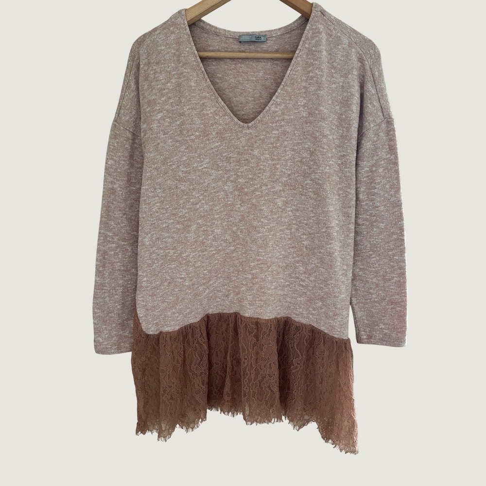 Zara Collection Mauve Marl Knit Lace Hem Boho V-Neck Tunic Sweater Top Medium